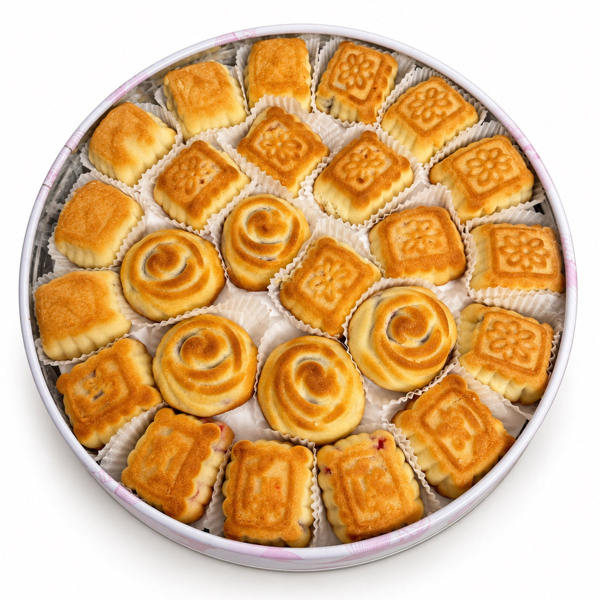 Semiramis assorted fruit Ma'amoul 750g in an open round tin on a white background